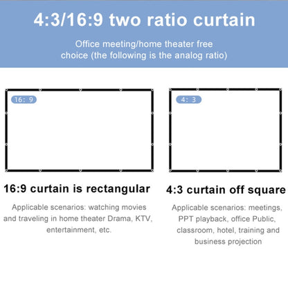 Folding Milk Silk Polyester Projector Film Curtain, 60 inch (16:9) Projection Area: 133 x 75cm, 60 inch (4:3) Projection Area: 120 x 90cm, 72 inch (16:9) Projection Area: 159 x 90cm, 72 inch (4:3) Projection Area: 146 x 110cm                           ...