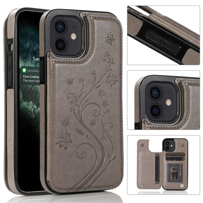Butterflies Flowers Double Buckle PU + TPU Protective Case with Holder & Card Slots & Photo Frame, For iPhone 12 mini, For iPhone 12 / 12 Pro