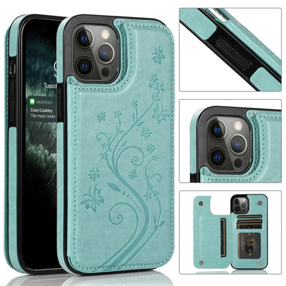 Butterflies Flowers Double Buckle PU + TPU Protective Case with Holder & Card Slots & Photo Frame, For iPhone 12 mini, For iPhone 12 / 12 Pro