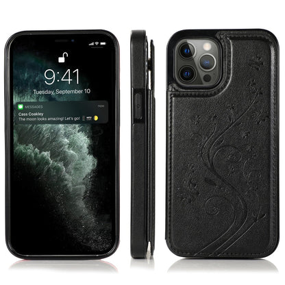 Butterflies Flowers Double Buckle PU + TPU Protective Case with Holder & Card Slots & Photo Frame, For iPhone 12 Pro Max
