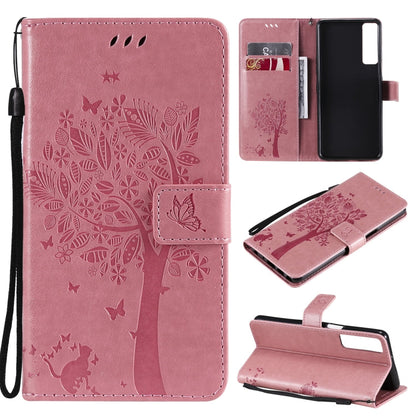 Tree & Cat Pattern Pressed Printing Horizontal Flip PU Leather Case with Holder & Card Slots & Wallet & Lanyard, For LG Stylo 7 5G / 4G, For OPPO F19 / A74 4G