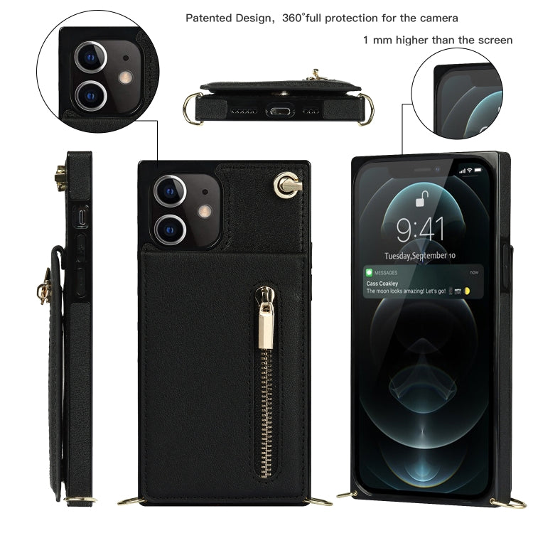 Cross-body Zipper Square TPU+PU Back Cover Case with Holder & Card Slots & Wallet & Strap, For iPhone 12 mini, For iPhone 12 / 12 Pro, For iPhone 12 Pro Max, For iPhone SE 2022 / SE 2020 / 8 / 7