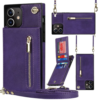 Cross-body Zipper Square TPU+PU Back Cover Case with Holder & Card Slots & Wallet & Strap, For iPhone 12 mini, For iPhone 12 / 12 Pro, For iPhone 12 Pro Max, For iPhone SE 2022 / SE 2020 / 8 / 7