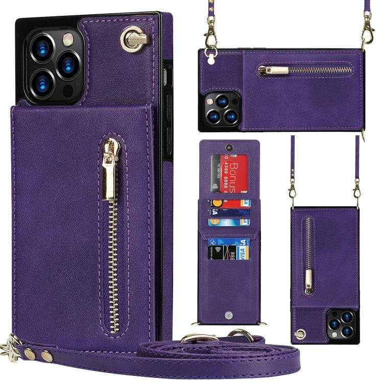 Cross-body Zipper Square TPU+PU Back Cover Case with Holder & Card Slots & Wallet & Strap, For iPhone 12 mini, For iPhone 12 / 12 Pro, For iPhone 12 Pro Max, For iPhone SE 2022 / SE 2020 / 8 / 7