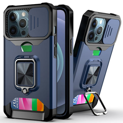 Sliding Camera Cover Design PC + TPU Shockproof Case with Ring Holder & Card Slot, For iPhone 13 mini, For iPhone 13, For iPhone 13 Pro