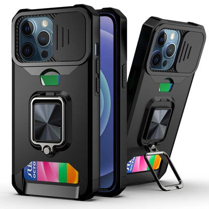 Sliding Camera Cover Design PC + TPU Shockproof Case with Ring Holder & Card Slot, For iPhone 13 Pro Max, For iPhone 11, For iPhone XS Max