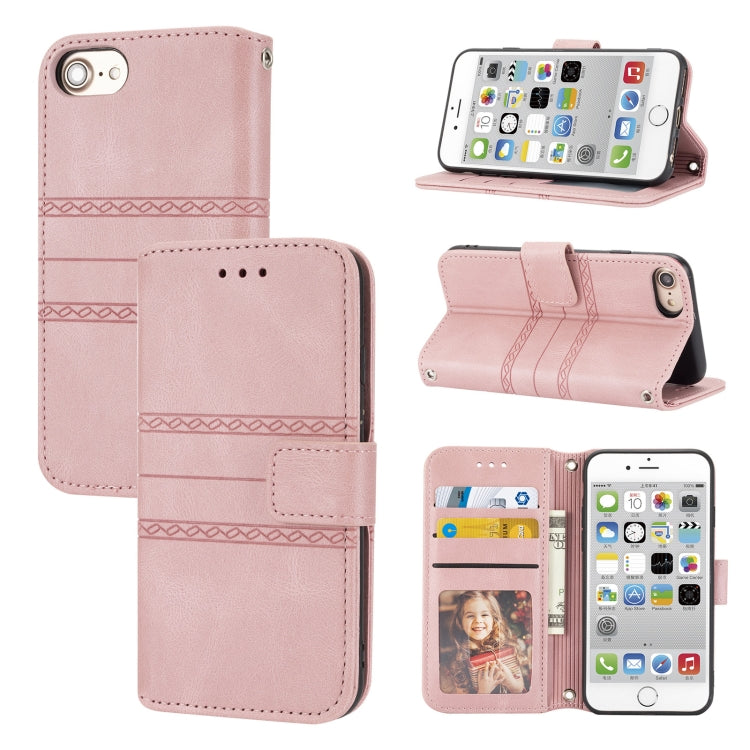 Embossed Striped Magnetic Buckle PU + TPU Horizontal Flip Leather Case with Holder & Card Slot & Wallet & Photo Frame & Sling, For iPhone 8 / 7 / 6, For iPhone 8 Plus / 7 Plus / 6 Plus