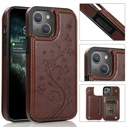 Butterflies Flowers Double Buckle PU + TPU Protective Case with Holder & Card Slots & Photo Frame, For iPhone 13 mini, For iPhone 13