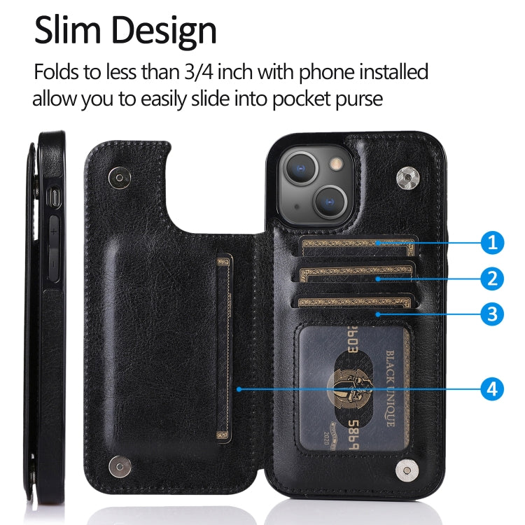 Double Buckle Shockproof PU Protective Case with Card Slots & Holder, For iPhone 13, For  iPhone 13 Mini, For iPhone 13 Pro