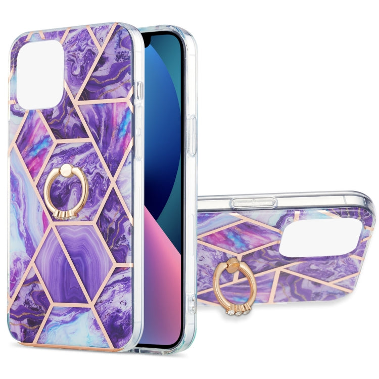 Electroplating Splicing Marble Pattern Dual-side IMD TPU Shockproof Case with Ring Holder, For iPhone 13 mini, For iPhone 13, For iPhone 13 Pro, For iPhone 13 Pro Max