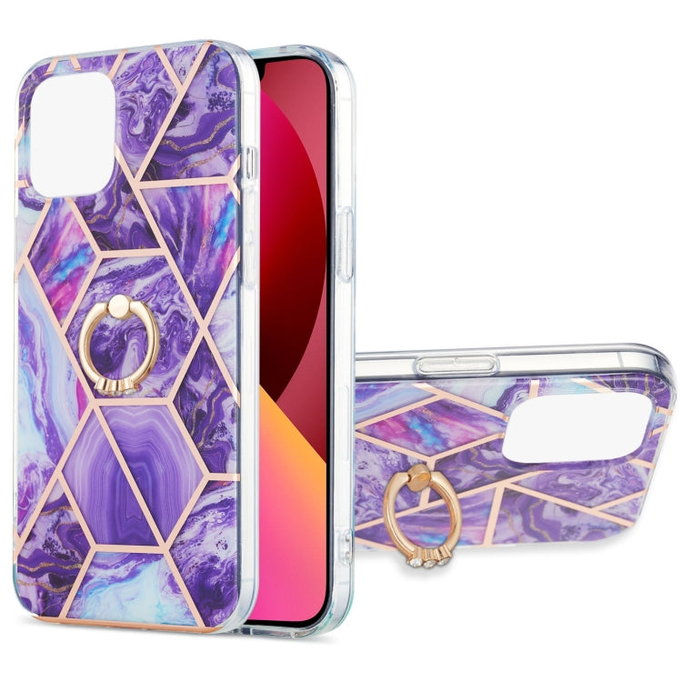 Electroplating Splicing Marble Pattern Dual-side IMD TPU Shockproof Case with Ring Holder, For iPhone 13 mini, For iPhone 13, For iPhone 13 Pro, For iPhone 13 Pro Max