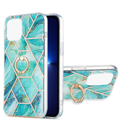 Electroplating Splicing Marble Pattern Dual-side IMD TPU Shockproof Case with Ring Holder, For iPhone 13 mini, For iPhone 13, For iPhone 13 Pro, For iPhone 13 Pro Max