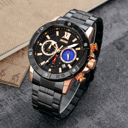 SKMEI 9235 Men Moonphase Stopwatch Stainless Steel Strap Quartz Watch