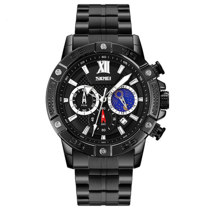 SKMEI 9235 Men Moonphase Stopwatch Stainless Steel Strap Quartz Watch