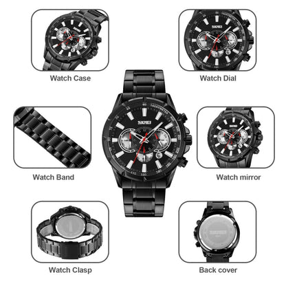 SKMEI 9241 Men Calendar Stopwatch Stainless Steel Strap Quartz Watch