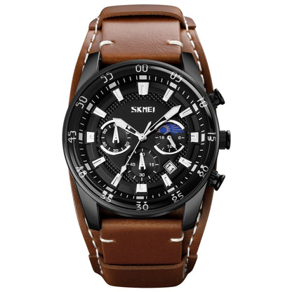 SKMEI 9249 Men Moonphase Calendar Stopwatch Leather Strap Quartz Watch