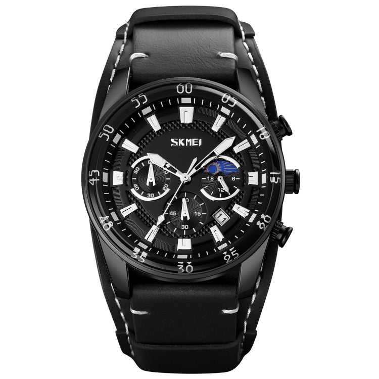 SKMEI 9249 Men Moonphase Calendar Stopwatch Leather Strap Quartz Watch