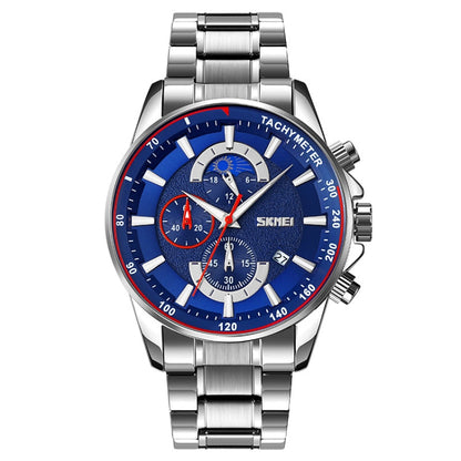 SKMEI 9250 Men Moonphase Stopwatch Date Six Pin Stainless Steel Strap Quartz Watch