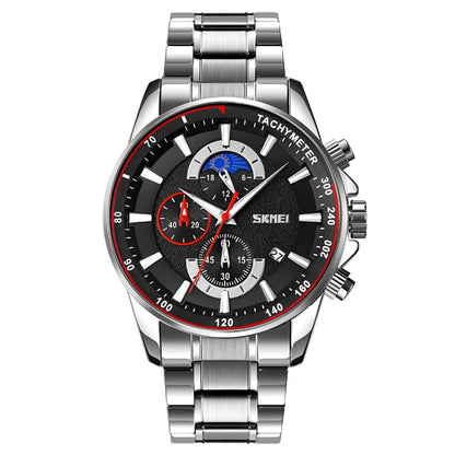 SKMEI 9250 Men Moonphase Stopwatch Date Six Pin Stainless Steel Strap Quartz Watch