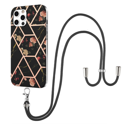 Electroplating Splicing Marble Flower Pattern TPU Shockproof Case with Lanyard, For iPhone 12 Pro Max, For iPhone 11, For iPhone 11 Pro, For iPhone 11 Pro Max, For iPhone XS / X, For iPhone XR