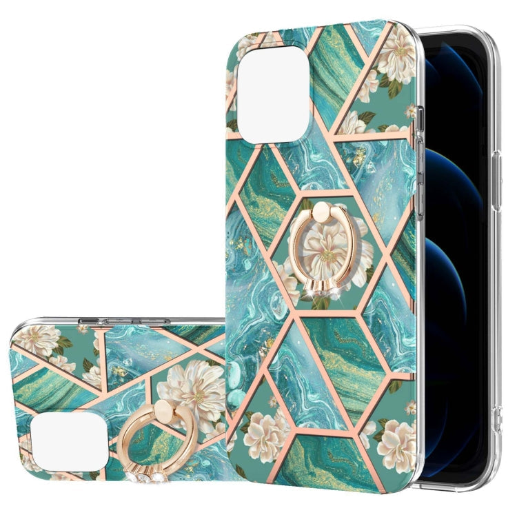 Electroplating Splicing Marble Flower Pattern TPU Shockproof Case with Rhinestone Ring Holder, For iPhone 13 mini, For iPhone 13, For iPhone 13 Pro, For iPhone 13 Pro Max, For iPhone 12 mini, For iPhone 12 / 12 Pro