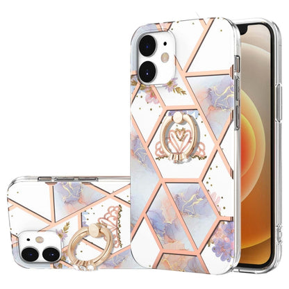 Electroplating Splicing Marble Flower Pattern TPU Shockproof Case with Rhinestone Ring Holder, For iPhone 13 mini, For iPhone 13, For iPhone 13 Pro, For iPhone 13 Pro Max, For iPhone 12 mini, For iPhone 12 / 12 Pro