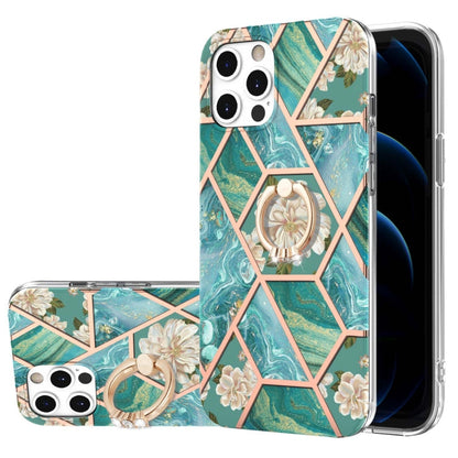 Electroplating Splicing Marble Flower Pattern TPU Shockproof Case with Rhinestone Ring Holder, For iPhone 12 Pro Max, For iPhone 11, For iPhone 11 Pro, For iPhone 11 Pro Max, For iPhone X / XS, For iPhone XR