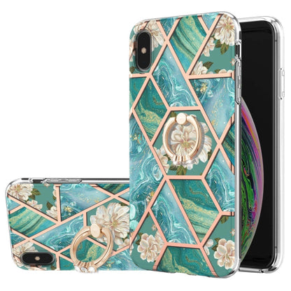 Electroplating Splicing Marble Flower Pattern TPU Shockproof Case with Rhinestone Ring Holder, For iPhone 12 Pro Max, For iPhone 11, For iPhone 11 Pro, For iPhone 11 Pro Max, For iPhone X / XS, For iPhone XR