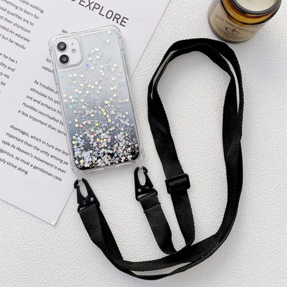 Gradient Glitter Powder Epoxy TPU Thickened Acrylic Shockproof Case with Wide Neck Lanyard, For iPhone 11, For iPhone 11 Pro, For iPhone 11 Pro Max