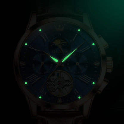 OLEVS 9912 Hollow Flywheel Week Calendar Dial Luminous Mechanical Watch for Men