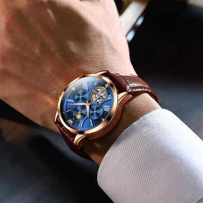 OLEVS 9912 Hollow Flywheel Week Calendar Dial Luminous Mechanical Watch for Men