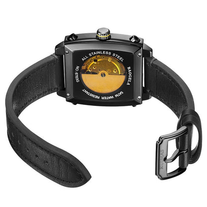 BAOGELA 6763G Square Dial Leather Strap Clock Calendar Mechanical Watch For Men