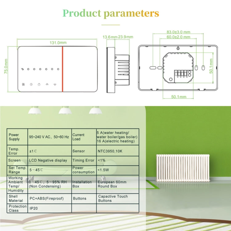 BHT-005-GCLW 220V AC 3A Smart Home Heating Thermostat for EU Box, Control Boiler Heating with Only Internal Sensor & WIFI Connection, BHT-005-GCLW