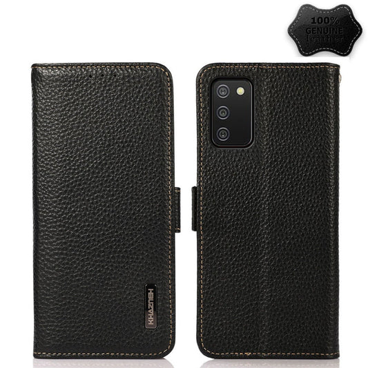 KHAZNEH Side-Magnetic Litchi Genuine Leather RFID Phone Case, For Samsung Galaxy A02s EU Version, For Samsung Galaxy A02s Global Version, For Samsung Galaxy A03s 166mm Version, For Samsung Galaxy A12 5G, For Samsung Galaxy A22 4G