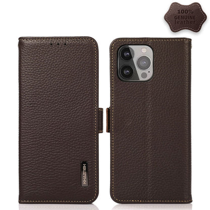 KHAZNEH Side-Magnetic Litchi Genuine Leather RFID Case, For iPhone 13 mini, For iPhone 13, For iPhone 13 Pro, For iPhone 13 Pro Max, For iPhone 12 mini, For iPhone 12 / 12 Pro
