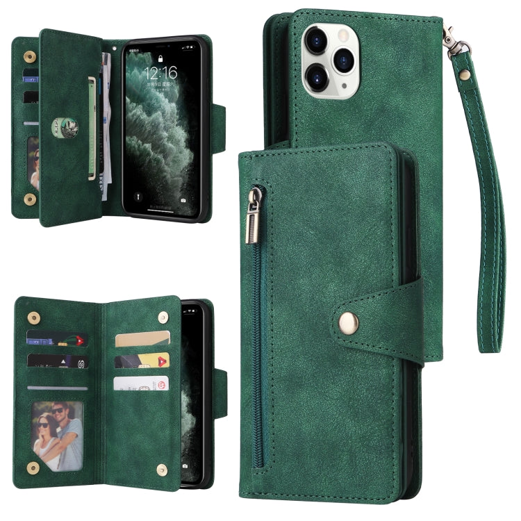 Rivet Buckle 9 Cards Three Fold Leather Phone Case, For iPhone 7/8/SE 2020, For iPhone 7 Plus/8 Plus, For iPhone 11, For iPhone 11 Pro