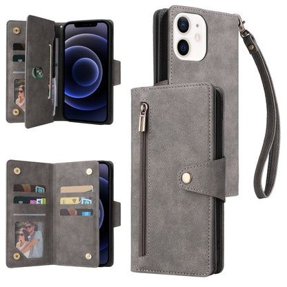 Rivet Buckle 9 Cards Three Fold Leather Phone Case, For iPhone 12, For iPhone 12 mini, For iPhone 12 Pro Max, For iPhone 13 mini