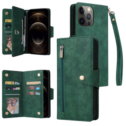 Rivet Buckle 9 Cards Three Fold Leather Phone Case, For iPhone 12, For iPhone 12 mini, For iPhone 12 Pro Max, For iPhone 13 mini