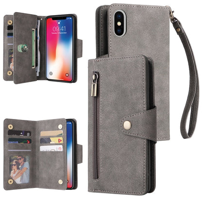 Rivet Buckle 9 Cards Three Fold Leather Phone Case, For iPhone X/XS, For iPhone XR, For iPhone XS Max, For iPhone 11 Pro Max