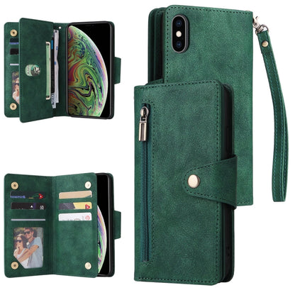 Rivet Buckle 9 Cards Three Fold Leather Phone Case, For iPhone X/XS, For iPhone XR, For iPhone XS Max, For iPhone 11 Pro Max