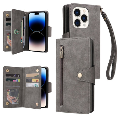 Rivet Buckle 9 Cards Three Fold Leather Phone Case, For iPhone 14, For iPhone 14 Plus, For iPhone 14 Pro, For iPhone 14 Pro Max