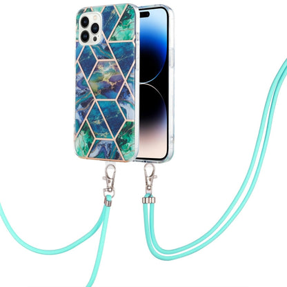 Electroplating Splicing Marble Pattern Dual-side IMD TPU Shockproof Case with Neck Lanyard, For iPhone 14, For iPhone 14 Plus, For iPhone 14 Pro, For iPhone 14 Pro Max