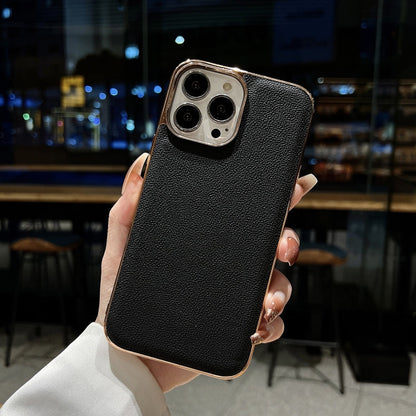 Genuine Leather Luolai Series Nano Electroplating Phone Case, For iPhone 14, For iPhone 14 Plus, For iPhone 14 Pro, For iPhone 14 Pro Max, For iPhone 13, For iPhone 13 Pro