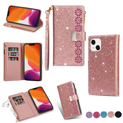 Multi-card Slots Laser Carving Glitter Zipper Leather Case, For iPhone 14, For iPhone 14 Max, For iPhone 14 Pro, For iPhone 14 Pro Max