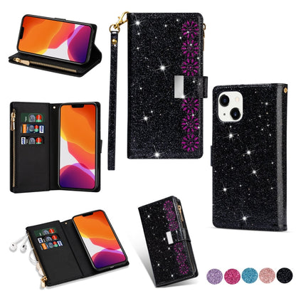 Multi-card Slots Laser Carving Glitter Zipper Leather Case, For iPhone 14, For iPhone 14 Max, For iPhone 14 Pro, For iPhone 14 Pro Max