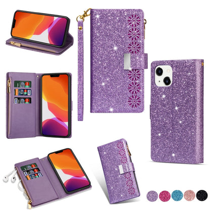 Multi-card Slots Laser Carving Glitter Zipper Leather Case, For iPhone 14, For iPhone 14 Max, For iPhone 14 Pro, For iPhone 14 Pro Max
