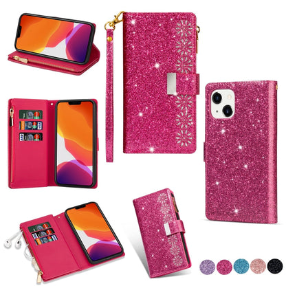 Multi-card Slots Laser Carving Glitter Zipper Leather Case, For iPhone 14, For iPhone 14 Max, For iPhone 14 Pro, For iPhone 14 Pro Max