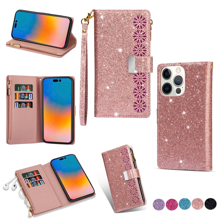 Multi-card Slots Laser Carving Glitter Zipper Leather Case, For iPhone 14, For iPhone 14 Max, For iPhone 14 Pro, For iPhone 14 Pro Max