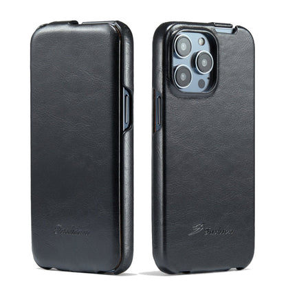 Fierre Shann Oil Wax Texture Vertical Flip PU Phone Case, For iPhone 14, For iPhone 14 Plus, For iPhone 14 Pro, For iPhone 14 Pro Max
