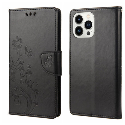 Butterfly Flower Pattern Flip Leather Phone Case, For iPhone 14 Pro Max